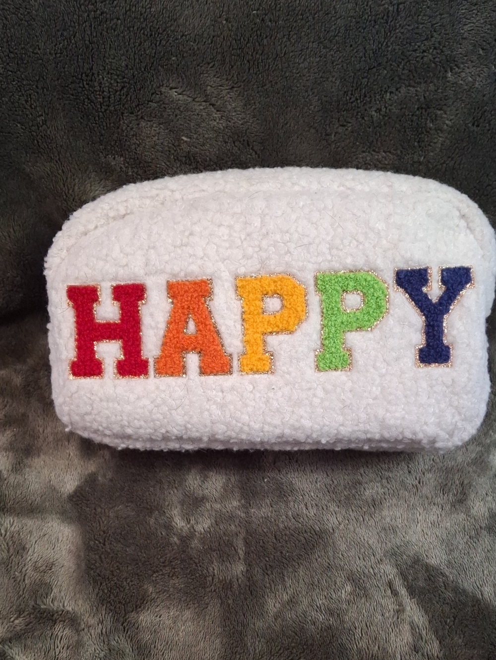 White Plush Cosmetic Pouch with Colorful 'HAPPY' Embroidery